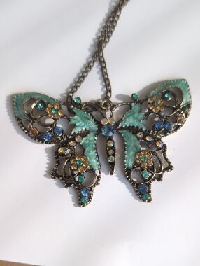 Butterfly Pendant Necklace - Aqua Crystal Accent